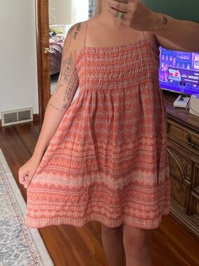 Lucky Brand Coral Printed Smocked Mini Sundress